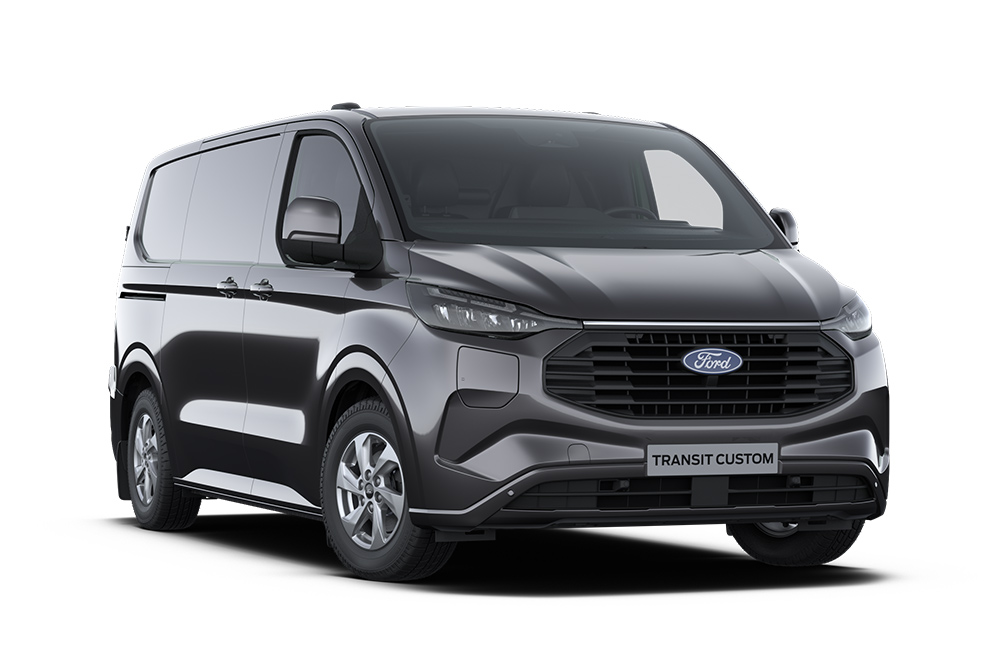 Fourgon Limited Ford Transit Custom gris anthracite, vu de devant.